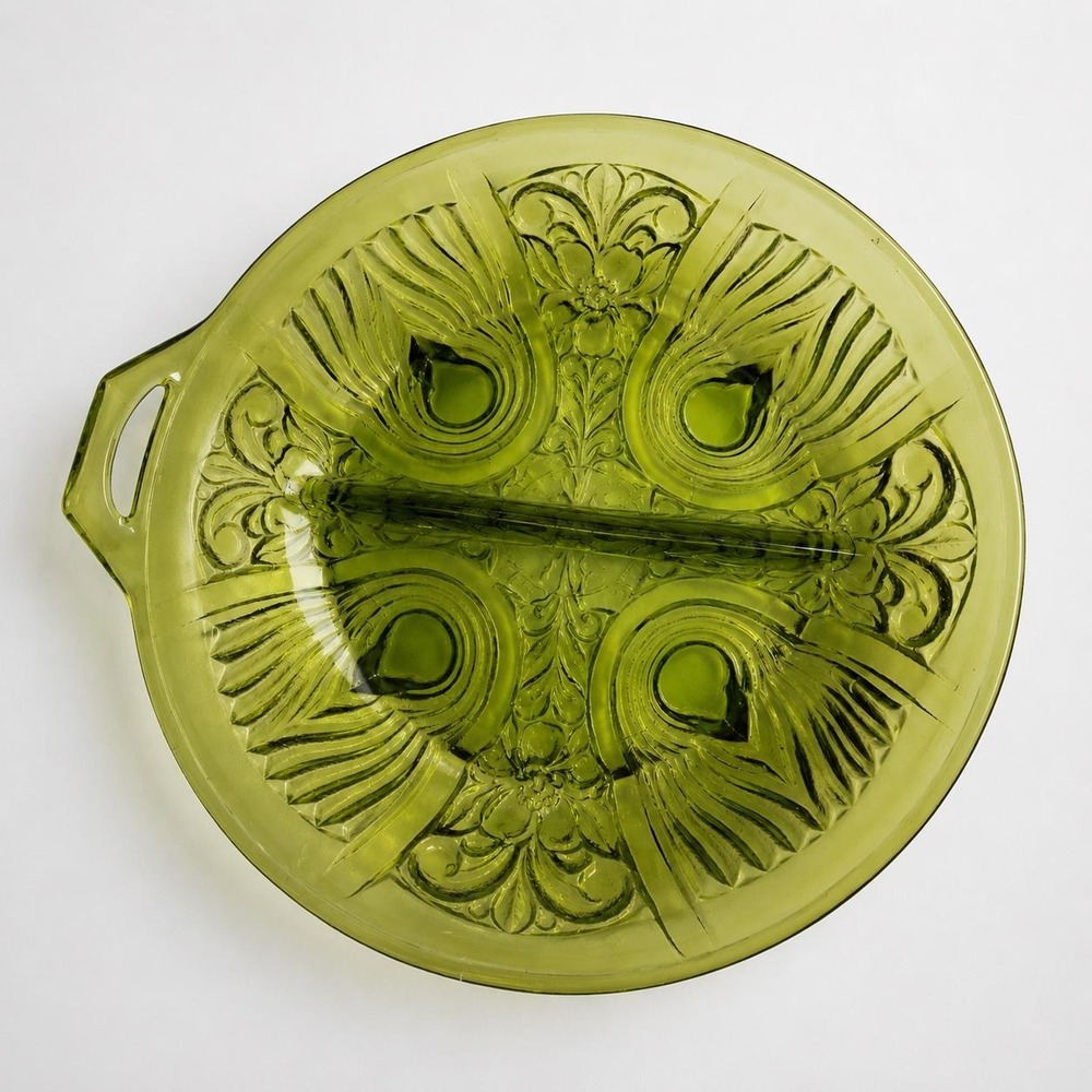 Vintage Indiana Glass Killarney Avocado Green Divided Relish Dish
